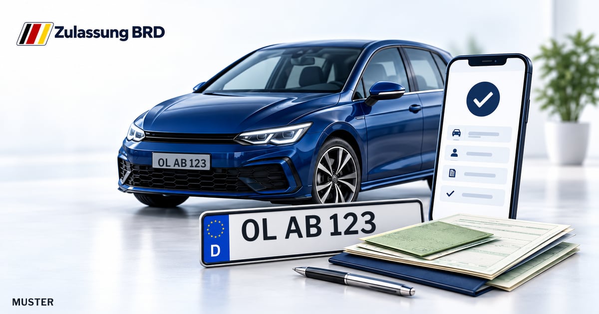 Online Fahrzeugzulassung in Hatten: Musterkennzeichen OL AB 123, Auto und Fahrzeugpapiere und Smartphone. Illustration mit Logo von Zulassung BRD.